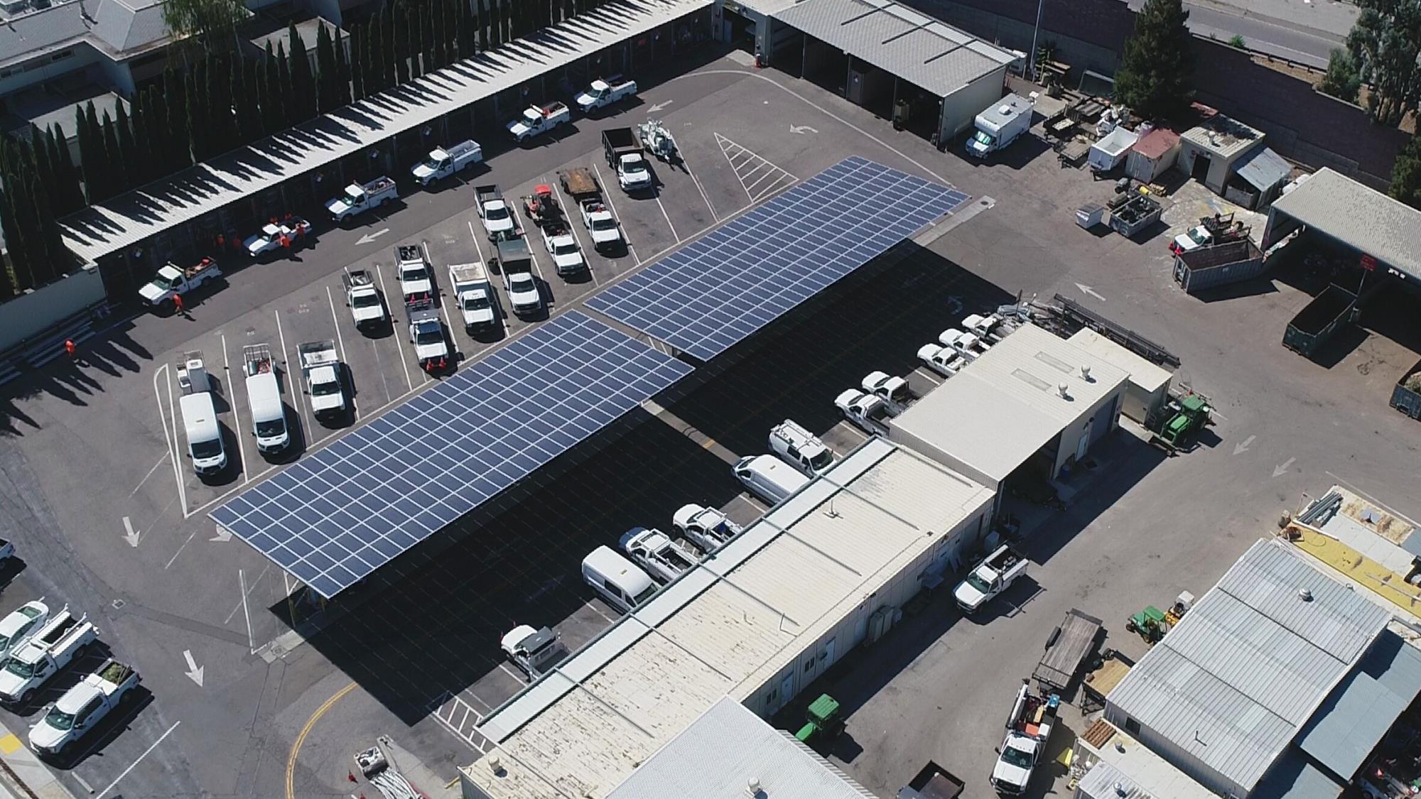 Aerial image of the Cupertino Service Center, showing the photo voltaic panels on the roof